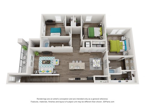 Floor plan for 3 beds, 2 baths, 1374 sqft
